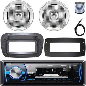 Pyle PLMRB29B Single-DIN Marine Bluetooth USB/AUX MP3 AM/FM In-Dash Stereo Black Receiver W/Install Kit + Adapter Plate, 2x 5.25" 400W Max Power 2-Way Boat Silver Speakers W/50 Feet 18G Wire, Antenna