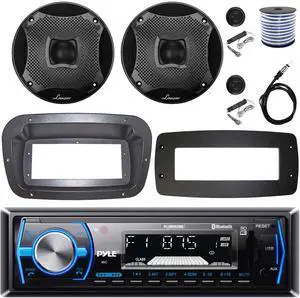 Pyle PLMRB29B Single-DIN Marine Bluetooth USB/AUX MP3 AM/FM In-Dash Stereo Black Receiver W/Install Kit + Adapter Plate, 2x 6.5" 450W Max Power 2-Way Component Black Speakers W/50 Feet Wire, Antenna