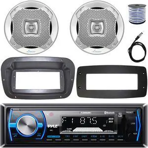 Pyle PLMRB29B Single-DIN Marine Bluetooth USB/AUX MP3 AM/FM In-Dash Stereo Black Receiver W/Install Kit + Adapter Plate, 2x 6.5" 400W Max Power 2-Way Water-Resistant Speakers W/50 Feet Wire, Antenna
