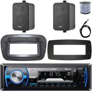 Pyle PLMRB29B Single-DIN Marine Bluetooth USB/AUX MP3 AM/FM In-Dash Stereo Black Receiver W/Install Kit + Adapter Plate, 2x 4" 30W Max Power 3-Way Indoor/Outdoor Black Speakers W/50 Feet Wire, Antenna