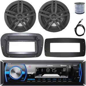 Pyle PLMRB29B Single-DIN Marine Bluetooth USB/AUX MP3 AM/FM In-Dash Stereo Black Receiver W/Install Kit + Adapter Plate, 2x 6.5" 180W Max Power 2-Way Boat Black Speakers W/50 Feet Wire, Radio Antenna