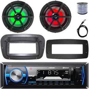 Pyle PLMRB29B Single-DIN Marine Bluetooth USB/AUX MP3 AM/FM In-Dash Stereo Black Receiver W/Install Kit + Adapter Plate, 2x 6.5" 120W Max Power RGB LED Coaxial Boat Speakers W/50 Feet Wire, Antenna