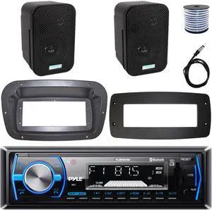 Pyle PLMRB29B Single-DIN Marine Bluetooth USB/AUX MP3 AM/FM In-Dash Stereo Black Receiver W/Install Kit + Adapter Plate, 2x 3.5" 300W Max Power Indoor/Outdoor Black Speakers W/50 Feet Wire, Antenna