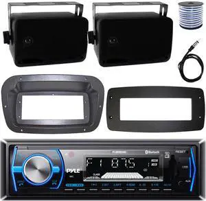 Pyle PLMRB29B Single-DIN Marine Bluetooth USB/AUX MP3 AM/FM In-Dash Stereo Black Receiver W/Install Kit + Adapter Plate, 2x 3.5'' 200W Max Power 3-Way Indoor/Outdoor Speakers W/50 Feet Wire, Antenna