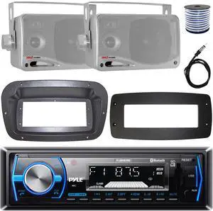 Pyle PLMRB29B Single-DIN Marine Bluetooth USB/AUX MP3 AM/FM In-Dash Stereo Black Receiver W/Install Kit + Adapter Plate, 2x 3.5'' 200W Max Power 3-Way Mini Box Silver Speakers W/50 Feet Wire, Antenna