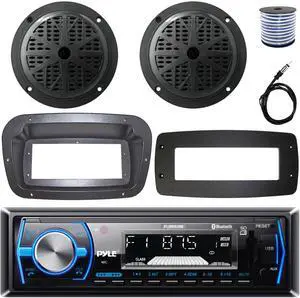 Pyle PLMRB29B Single-DIN Marine Bluetooth USB/AUX MP3 AM/FM In-Dash Stereo Black Receiver W/Install Kit + Adapter Plate, 2x 5.25'' 100W Max Power 2-Way Full Range Boat Speakers W/50 Feet Wire, Antenna
