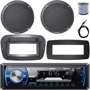 Pyle PLMRB29B Single-DIN Marine Bluetooth USB/AUX MP3 AM/FM In-Dash Stereo Black Receiver W/Install Kit + Adapter Plate, 2x 6.5'' 400W Max Power Dual Cone 2-Way Full Range Speakers W/Wire, Antenna