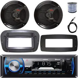 Pyle PLMRB29B Single-DIN Marine Bluetooth USB/AUX MP3 AM/FM In-Dash Stereo Black Receiver W/Install Kit + Adapter Plate, 2x 6.5" 150W Max Power Full Range Dual Cone Speakers W/50 Feet Wire, Antenna