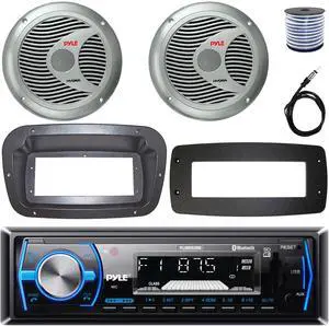 Pyle PLMRB29B Single-DIN Marine Bluetooth USB/AUX MP3 AM/FM In-Dash Stereo Black Receiver W/Install Kit + Adapter Plate, 2x 6.5'' 150W Max Power 2 Way Boat Silver Speakers W/50 Feet Wire, 22" Antenna