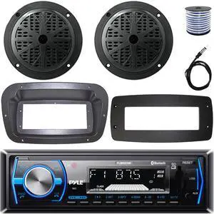Pyle PLMRB29B Single-DIN Marine Bluetooth USB/AUX MP3 AM/FM In-Dash Stereo Black Receiver W/Install Kit + Adapter Plate, 2x 6.5'' 120W Max Power Dual Cone Boat Black Speakers W/50 Feet Wire, Antenna