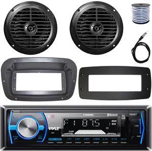 Pyle PLMRB29B Single-DIN Marine Bluetooth USB/AUX MP3 AM/FM In-Dash Stereo Black Receiver W/Install Kit + Adapter Plate, 2x 6.5'' 120W Max Power Dual Cone Waterproof Speakers W/50 Feet Wire, Antenna