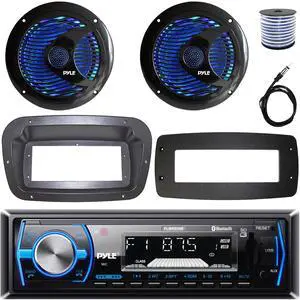 Pyle PLMRB29B Single-DIN Marine Bluetooth USB/AUX MP3 AM/FM In-Dash Stereo Black Receiver W/Install Kit + Adapter Plate, 2x 6.5'' 150W Max Dual Cone RGB LED Boat Black Speakers W/50 Feet Wire, Antenna