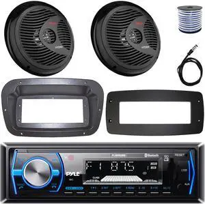 Pyle PLMRB29B Single-DIN Marine Bluetooth USB/AUX MP3 AM/FM In-Dash Stereo Black Receiver W/Install Kit + Adapter Plate, 2x 8'' 180W Max Power Full Range Boat Black Speakers W/50 Feet Wire, Antenna