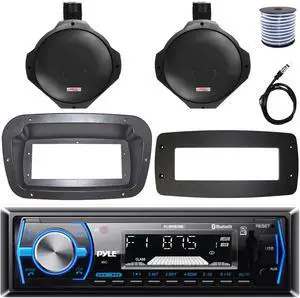 Pyle PLMRB29B Single-DIN Marine Bluetooth USB/AUX MP3 AM/FM In-Dash Stereo Black Receiver W/Install Kit + Adapter Plate, 2x 6.5" 200W Max Power Water Resistant Wakeboard Speakers W/Wire, Antenna