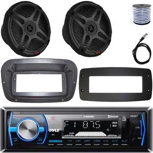 Pyle PLMRB29B Single-DIN Marine Bluetooth USB/AUX MP3 AM/FM In-Dash Stereo Black Receiver W/Install Kit + Adapter Plate, 2x 6.5" 600W Max Power 2-Way Coaxial Component Speakers W/Wire, 22" Antenna