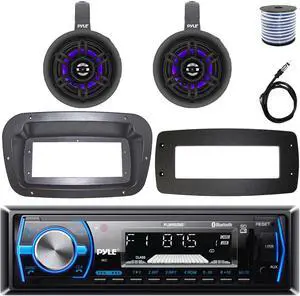Pyle PLMRB29B Single-DIN Marine Bluetooth USB/AUX MP3 AM/FM In-Dash Stereo Black Receiver W/Install Kit + Adapter Plate, 2x 4" 300W Max Power Wakeboard LED Tower Black Speakers W/50 Feet Wire, Antenna