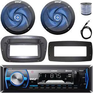 Pyle PLMRB29B Single-DIN Marine Bluetooth USB/AUX MP3 AM/FM In-Dash Stereo Black Receiver W/Install Kit + Adapter Plate, 2x 4" 100W Max Power 2-Way Low Profile Blue LED Speakers W/Wire, 22" Antenna