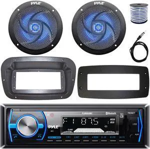 Pyle PLMRB29B Single-DIN Marine Bluetooth USB/AUX MP3 AM/FM In-Dash Stereo Black Receiver W/Install Kit + Adapter Plate, 2x 5.25" 180W Max Power Low-Profile Blue LED Speakers W/50 Feet Wire, Antenna