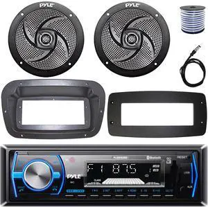 Pyle PLMRB29B Single-DIN Marine Bluetooth USB/AUX MP3 AM/FM In-Dash Stereo Black Receiver W/Install Kit + Adapter Plate, 2x 5.25" 180W Max Power 2-Way Low Profile Black Speakers W/Wire, 22" Antenna