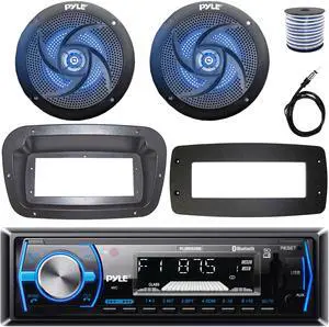 Pyle PLMRB29B Single-DIN Marine Bluetooth USB/AUX MP3 AM/FM In-Dash Stereo Black Receiver W/Install Kit + Adapter Plate, 2x 6'' 240W Max Power Low Profile 2-Way Blue LED Speakers W/Wire, 22" Antenna