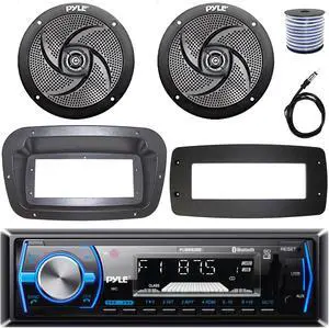 Pyle PLMRB29B Single-DIN Marine Bluetooth USB/AUX MP3 AM/FM In-Dash Stereo Black Receiver W/Install Kit + Adapter Plate, 2x 6'' 240W Max Power Low Profile 2-Way Black Speakers W/50 Feet Wire, Antenna