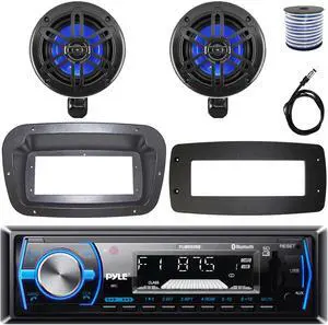 Pyle PLMRB29B Single-DIN Marine Bluetooth USB/AUX MP3 AM/FM In-Dash Stereo Black Receiver W/Install Kit + Adapter Plate, 2x 4 150W Max Power 2-Way Waterproof Off-Road Black Speakers W/Wire, Antenna