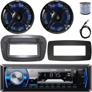 Pyle PLMRB29B Single-DIN Marine Bluetooth USB/AUX MP3 AM/FM In-Dash Stereo Black Receiver W/Install Kit + Adapter Plate, 2x 6.5" 250W Max Power Waterproof Boat RGB LED Black Speakers W/Wire, Antenna