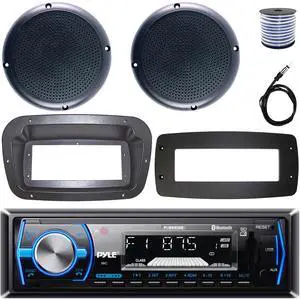 Pyle PLMRB29B Single-DIN Marine Bluetooth USB/AUX MP3 AM/FM In-Dash Stereo Black Receiver W/Install Kit + Adapter Plate, 2x 5.25" 20W RMS Power Polycone Audio Black Boat Speakers W/Wire, 22" Antenna