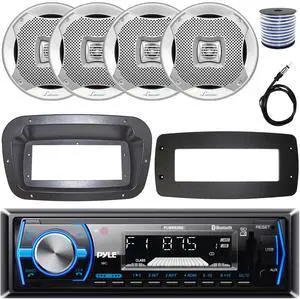 Pyle PLMRB29B Single-DIN Marine Bluetooth USB/AUX MP3 AM/FM In-Dash Stereo Black Receiver W/Install Kit + Adapter Plate, 4x 5.25" 400W Max Power 2-Way Boat Silver Speakers W/50 Feet 18G Wire, Antenna