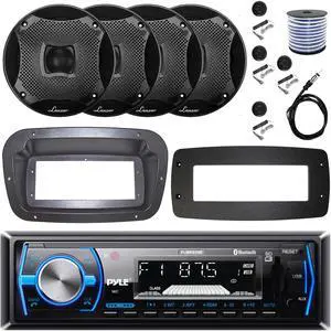 Pyle PLMRB29B Single-DIN Marine Bluetooth USB/AUX MP3 AM/FM In-Dash Stereo Black Receiver W/Install Kit + Adapter Plate, 4x 6.5" 450W Max Power 2-Way Component Black Speakers W/50 Feet Wire, Antenna