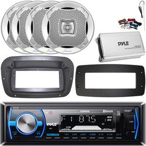 Pyle PLMRB29B Single-DIN Marine Bluetooth USB/AUX MP3 AM/FM In-Dash Stereo Black Receiver W/Install Kit + Adapter Plate, 4x 6.5" 400W Max Power 2-Way Boat Speakers, 4-Channel Amplifier W/Kit, Antenna