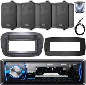 Pyle PLMRB29B Single-DIN Marine Bluetooth USB/AUX MP3 AM/FM In-Dash Stereo Black Receiver W/Install Kit + Adapter Plate, 4x 4" 30W Max Power 3-Way Indoor/Outdoor Black Speakers W/50 Feet Wire, Antenna