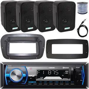 Pyle PLMRB29B Single-DIN Marine Bluetooth USB/AUX MP3 AM/FM In-Dash Stereo Black Receiver W/Install Kit + Adapter Plate, 4x 3.5" 300W Max Power Indoor/Outdoor Black Speakers W/50 Feet Wire, Antenna