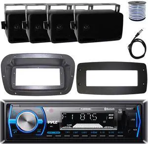 Pyle PLMRB29B Single-DIN Marine Bluetooth USB/AUX MP3 AM/FM In-Dash Stereo Black Receiver W/Install Kit + Adapter Plate, 4x 3.5'' 200W Max Power 3-Way Indoor/Outdoor Speakers W/50 Feet Wire, Antenna