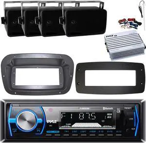 Pyle PLMRB29B Single-DIN Marine Bluetooth USB/AUX MP3 AM/FM In-Dash Stereo Black Receiver W/Install Kit + Adapter Plate, 4x 3.5'' 200W Max Indoor/Outdoor Speakers, 4 Channel Amplifier W/Kit, Antenna