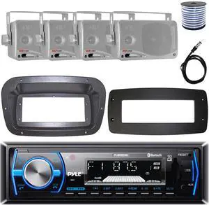 Pyle PLMRB29B Single-DIN Marine Bluetooth USB/AUX MP3 AM/FM In-Dash Stereo Black Receiver W/Install Kit + Adapter Plate, 4x 3.5'' 200W Max Power 3-Way Mini Box Silver Speakers W/50 Feet Wire, Antenna