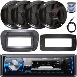 Pyle PLMRB29B Single-DIN Marine Bluetooth USB/AUX MP3 AM/FM In-Dash Stereo Black Receiver W/Install Kit + Adapter Plate, 4x 6.5" 150W Max Power Full Range Dual Cone Speakers W/50 Feet Wire, Antenna