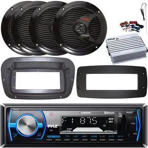 Pyle PLMRB29B Single-DIN Marine Bluetooth USB/AUX MP3 AM/FM In-Dash Stereo Black Receiver W/Install Kit + Adapter Plate, 4x 6.5" 150W Max Power Dual Cone Speakers, 4 Channel Amplifier W/Kit, Antenna