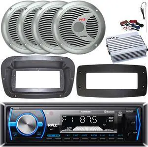 Pyle PLMRB29B Single-DIN Marine Bluetooth USB/AUX MP3 AM/FM In-Dash Stereo Black Receiver W/Install Kit + Adapter Plate, 4x 6.5'' 150W Max Power 2 Way Speakers, 4 Channel Amplifier W/Kit, Antenna