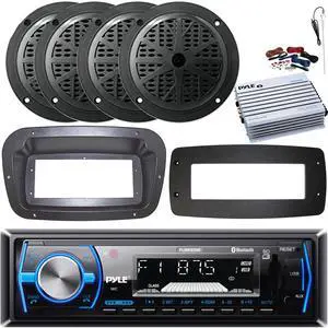 Pyle PLMRB29B Single-DIN Marine Bluetooth USB/AUX MP3 AM/FM In-Dash Stereo Black Receiver W/Install Kit + Adapter Plate, 4x 6.5'' 120W Max Power Dual Cone Speakers, 4 Channel Amplifier W/Kit, Antenna