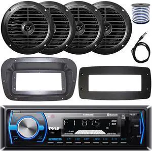 Pyle PLMRB29B Single-DIN Marine Bluetooth USB/AUX MP3 AM/FM In-Dash Stereo Black Receiver W/Install Kit + Adapter Plate, 4x 6.5'' 120W Max Power Dual Cone Waterproof Speakers W/50 Feet Wire, Antenna