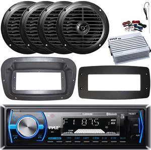 Pyle PLMRB29B Single-DIN Marine Bluetooth USB/AUX MP3 AM/FM In-Dash Stereo Black Receiver W/Install Kit + Adapter Plate, 4x 6.5'' 120W Peak Power Dual Cone Speakers, 4 Channel Amplifier W/Kit, Antenna