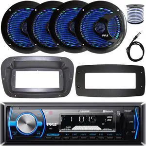 Pyle PLMRB29B Single-DIN Marine Bluetooth USB/AUX MP3 AM/FM In-Dash Stereo Black Receiver W/Install Kit + Adapter Plate, 4x 6.5'' 150W Max Dual Cone RGB LED Boat Black Speakers W/50 Feet Wire, Antenna