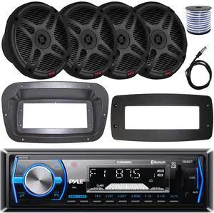 Pyle PLMRB29B Single-DIN Marine Bluetooth USB/AUX MP3 AM/FM In-Dash Stereo Black Receiver W/Install Kit + Adapter Plate, 4x 6.5" 600W Max Power 2-Way Coaxial Component Speakers W/Wire, 22" Antenna
