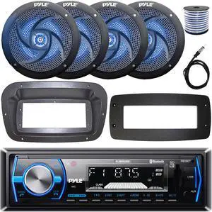 Pyle PLMRB29B Single-DIN Marine Bluetooth USB/AUX MP3 AM/FM In-Dash Stereo Black Receiver W/Install Kit + Adapter Plate, 4x 4" 100W Max Power 2-Way Low Profile Blue LED Speakers W/Wire, 22" Antenna