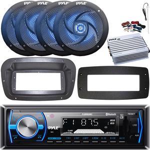 Pyle PLMRB29B Single-DIN Marine Bluetooth USB/AUX MP3 AM/FM In-Dash Stereo Black Receiver W/Install Kit + Adapter Plate, 4x 4" 100W Max 2-Way Blue LED Boat Speakers, 4 Channel Amplifier W/Kit, Antenna