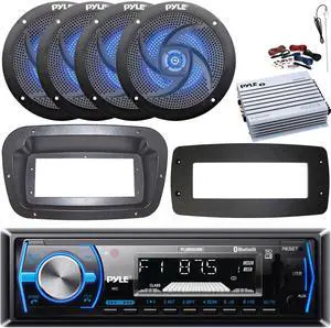 Pyle PLMRB29B Single-DIN Marine Bluetooth USB/AUX MP3 AM/FM In-Dash Stereo Black Receiver W/Install Kit + Adapter Plate, 4x 5.25" 180W Max 2-Way Blue LED Speakers, 4 Channel Amplifier W/Kit, Antenna
