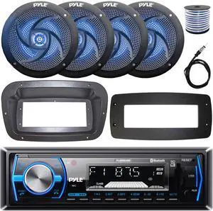 Pyle PLMRB29B Single-DIN Marine Bluetooth USB/AUX MP3 AM/FM In-Dash Stereo Black Receiver W/Install Kit + Adapter Plate, 4x 6'' 240W Max Power Low Profile 2-Way Blue LED Speakers W/Wire, 22" Antenna