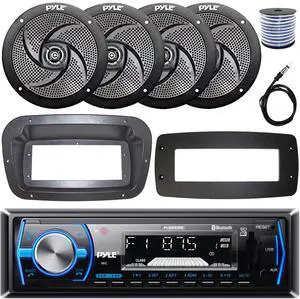 Pyle PLMRB29B Single-DIN Marine Bluetooth USB/AUX MP3 AM/FM In-Dash Stereo Black Receiver W/Install Kit + Adapter Plate, 4x 6'' 240W Max Power Low Profile 2-Way Black Speakers W/50 Feet Wire, Antenna