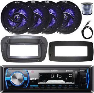 Pyle PLMRB29B Single-DIN Marine Bluetooth USB/AUX MP3 AM/FM In-Dash Stereo Black Receiver W/Install Kit + Adapter Plate, 4x 8'' 320W Max Power Low Profile 2-Way Blue LED Speakers W/Wire, Antenna
